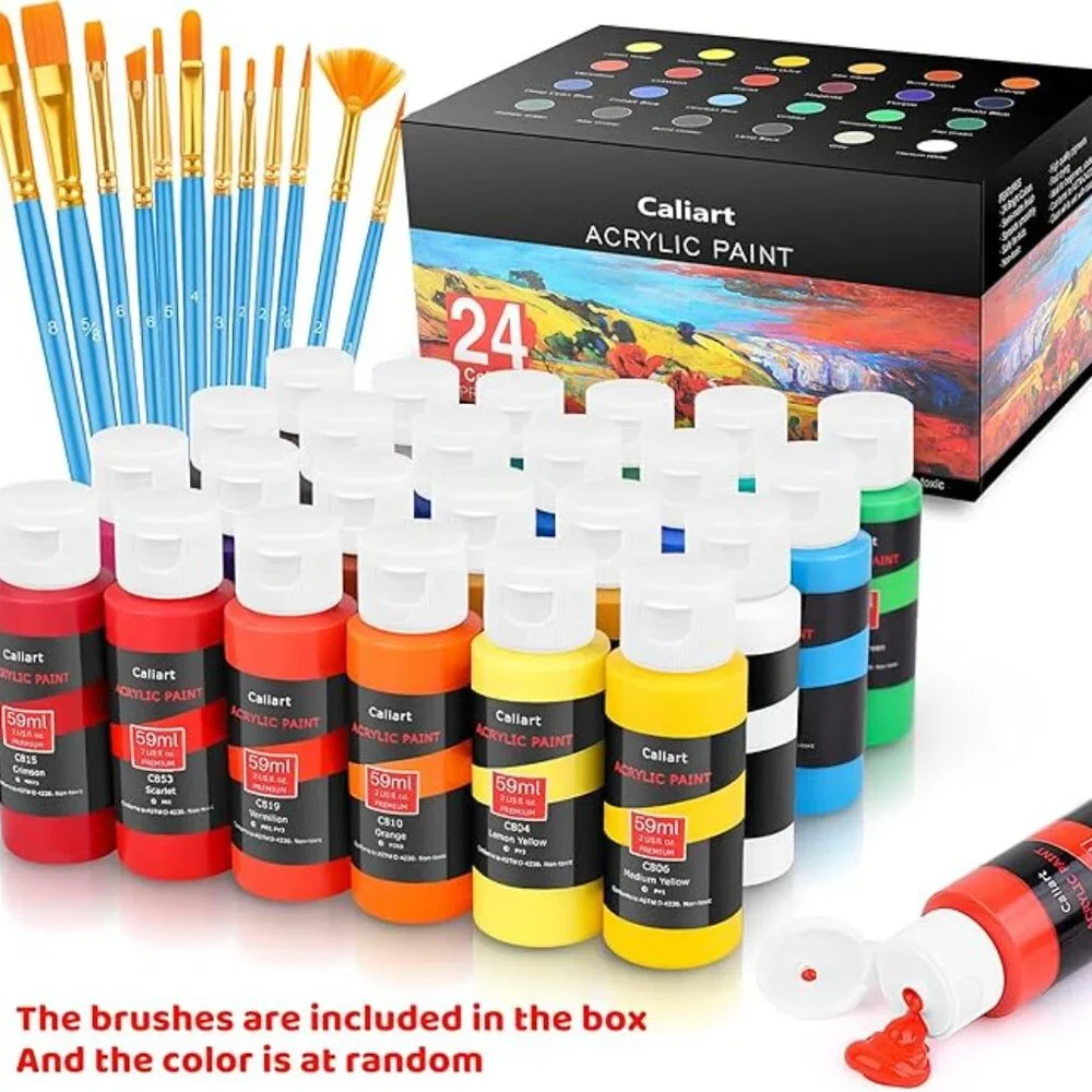 NEW 24 Colors Caliart Acrylic Paint Set Paints with 12 Brushes Art Craft Supply
